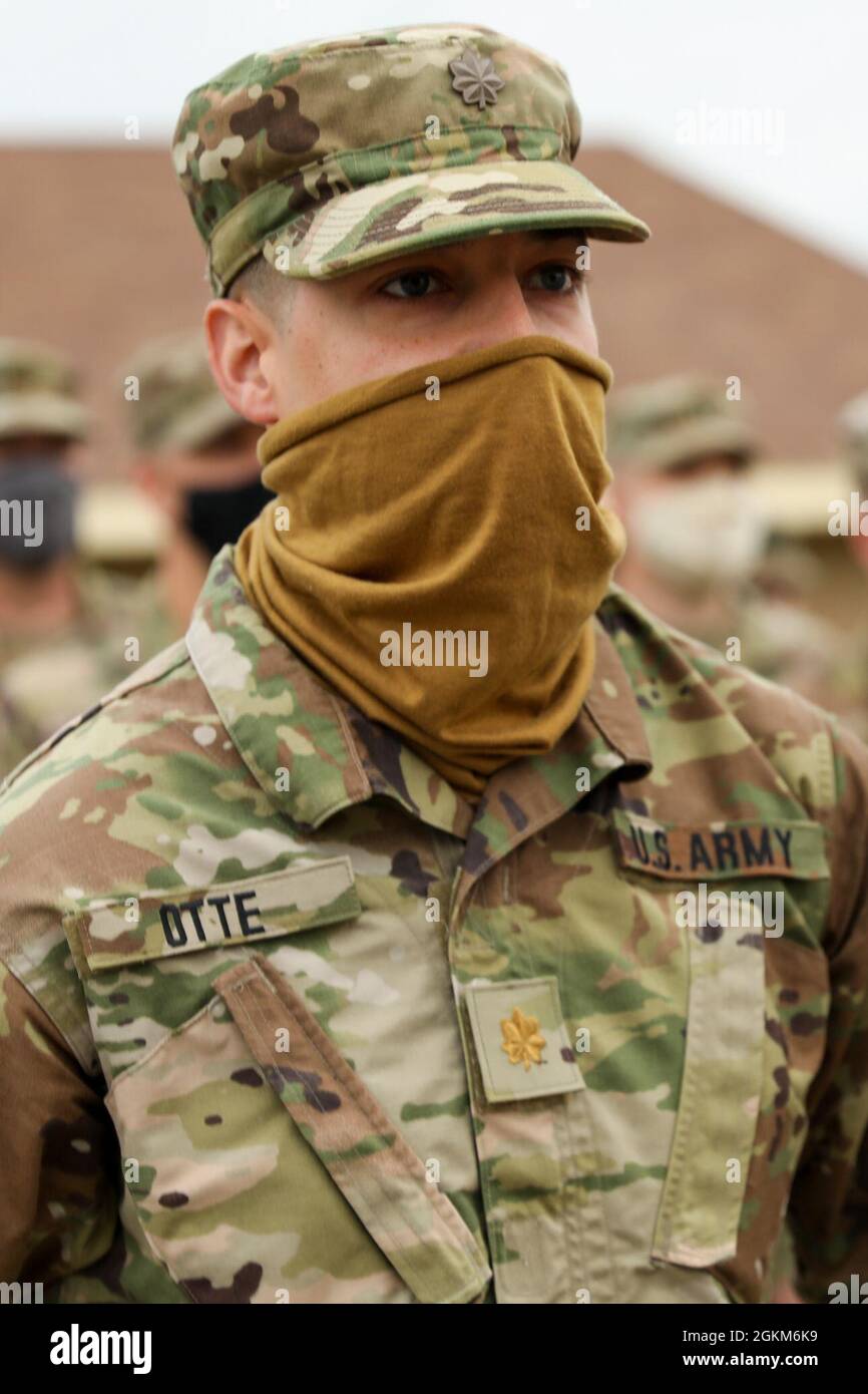 Eric Otte, military police officer, Headquarters and Headquarters Company, 67th Maneuver Enhancement Brigade, is promoted to the rank of major in the Nebraska Army National Guard, May 23, 2021, during pre-deployment training at Fort Hood, Texas. Otte was promoted by Lt. Col. Charles McWilliams, brigade operations officer. Stock Photo