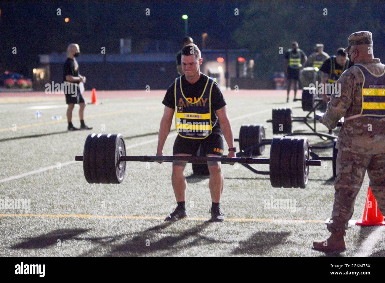 Staff Sgt. Tyler A. Billings, Best Warrior/Drill Sergeant of the Year competitor, executes the deadlift portion of Army Combat Fitness Test Monday morning at Williams Stadium, Fort Lee. The winner of the CASCOM competition will be announced at an award ceremony Thursday morning. Stock Photo