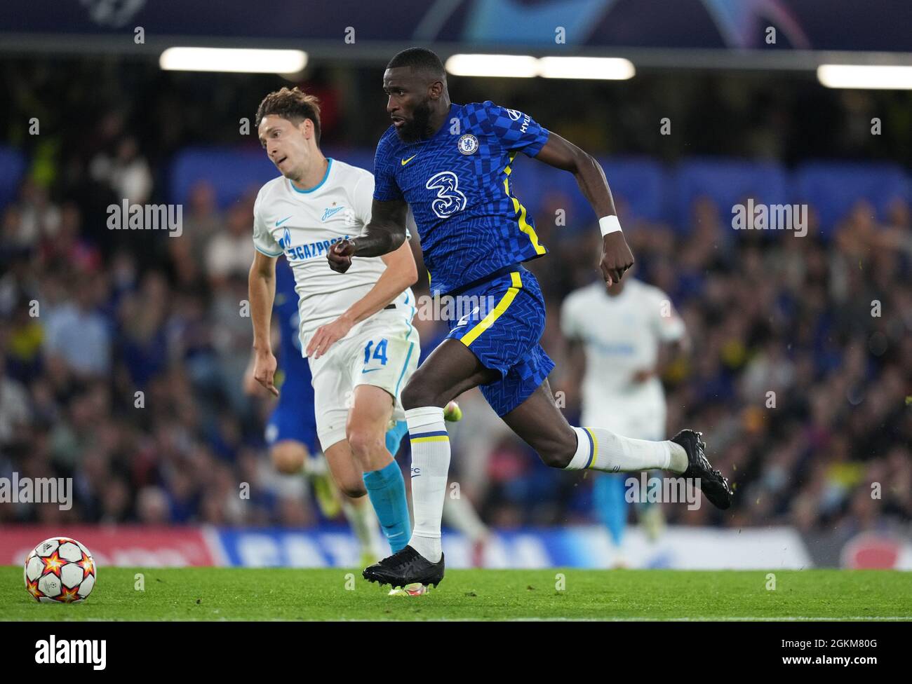 London, UK. 14th Sep, 2021. Antonio Rudiger of Chelsea moves from Daler Kuzyayev of Zenit St Petersburg during the UEFA Champions League group match between Chelsea and Zenit St. Petersburg at Stamford Bridge, London, England on 14 September 2021. Photo by Andy Rowland. Credit: PRiME Media Images/Alamy Live News Stock Photo