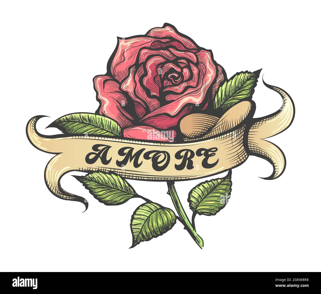 Tattoo of Red Rose and Banner with Italian Lettering Amore what means