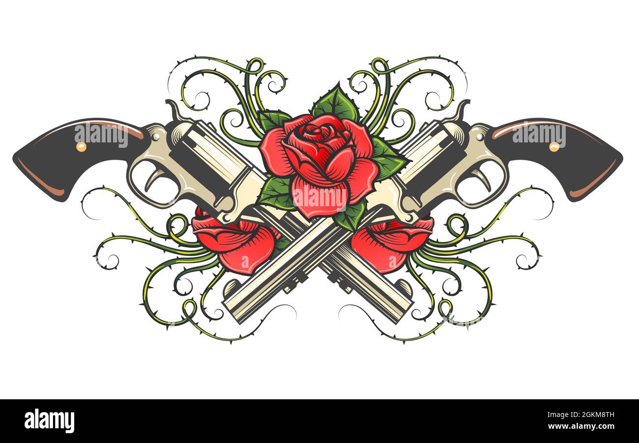 Colorful tattoo of Guns and Roses with Thorns isolated on white. Vector illustration. Stock Vector