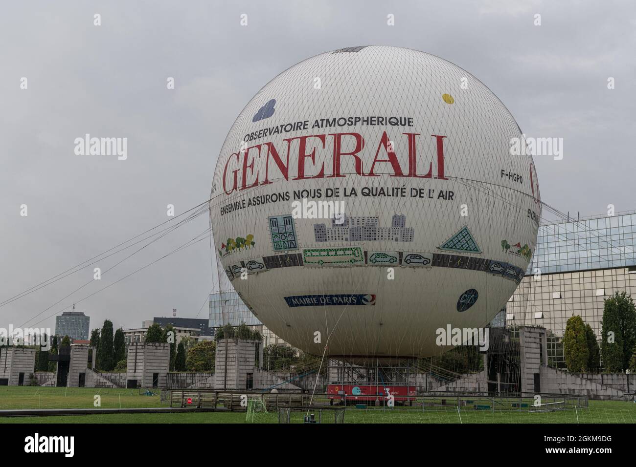 The Ballon Generali is a tethered helium balloon, used as tourist  attraction and as an air quality awareness tool. Installed in Paris since  1999 in the Parc André-Citroën,. Paris, France, September 14th,