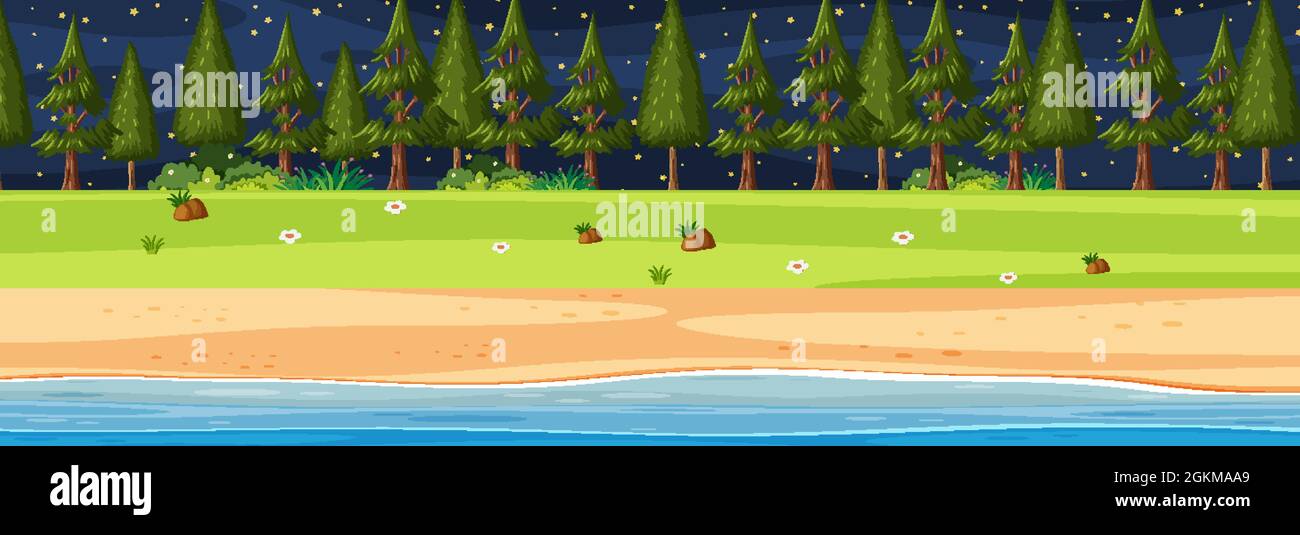 Beach horizontal scene at night with many pine trees illustration Stock ...