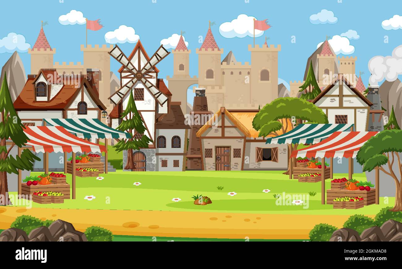 Medieval town scene with market place illustration Stock Vector Image ...
