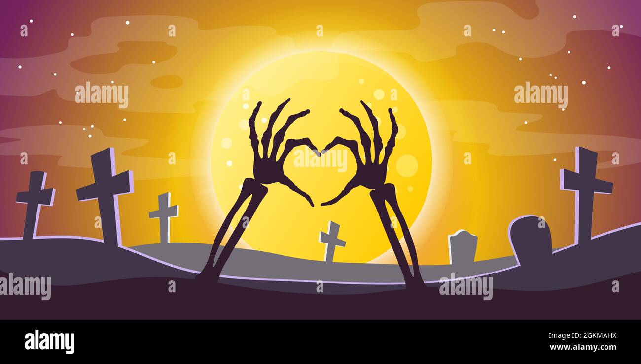 Halloween background. Full moon against a dark sky, silhouettes of graves, crosses in the cemetery and zombie bones showing a heart symbol in the Stock Vector
