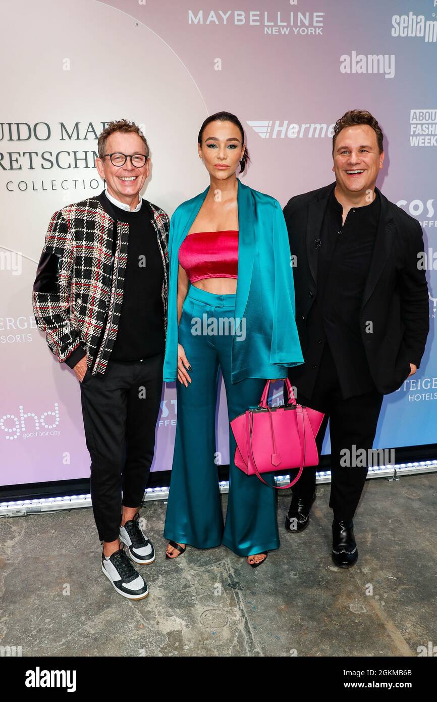 Berlin, Germany. 14th Sep, 2021. Frank Mutters (l-r), Verona Pooth and Guido Maria Kretschmer arrive at the Guido Maria Kretschmer Show at Kraftwerk. About You, or Re-Fashion Week, has been part of Berlin Fashion Week since 2021. About You Fashion Week runs from 11 to 15 September 2021. Credit: Gerald Matzka/dpa/Alamy Live News Stock Photo