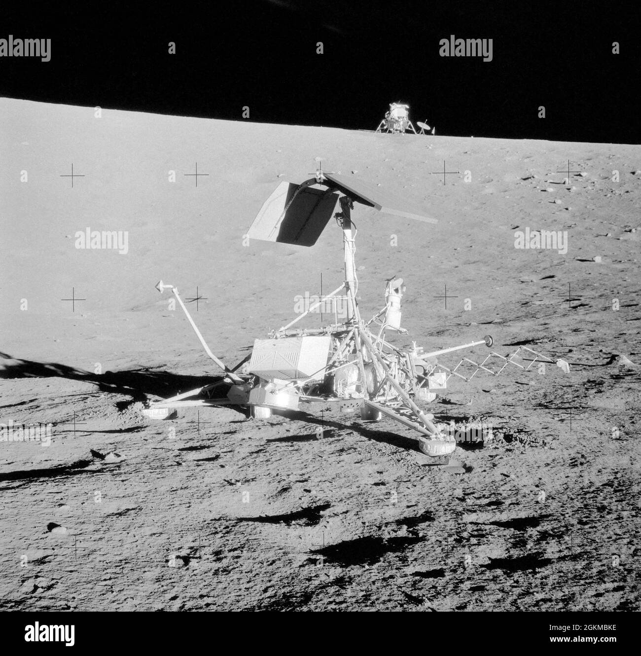 (20 Nov. 1969) --- This unusual view shows two National Aeronautics and Space Administration (NASA) spacecraft on the surface of the moon. In the center foreground is the unmanned Surveyor 3 spacecraft, which soft landed on the lunar surface on April 19, 1967. Just 600 feet away from the Surveyor 3 spacecraft, pictured here in the background, is the Apollo 12 Lunar Module (LM), which landed on the lunar surface on Nov. 19, 1969. This photograph was taken the following day, during the second Apollo 12 extravehicular activity (EVA) in which astronauts Charles Conrad Jr., commander, and Alan L. B Stock Photo