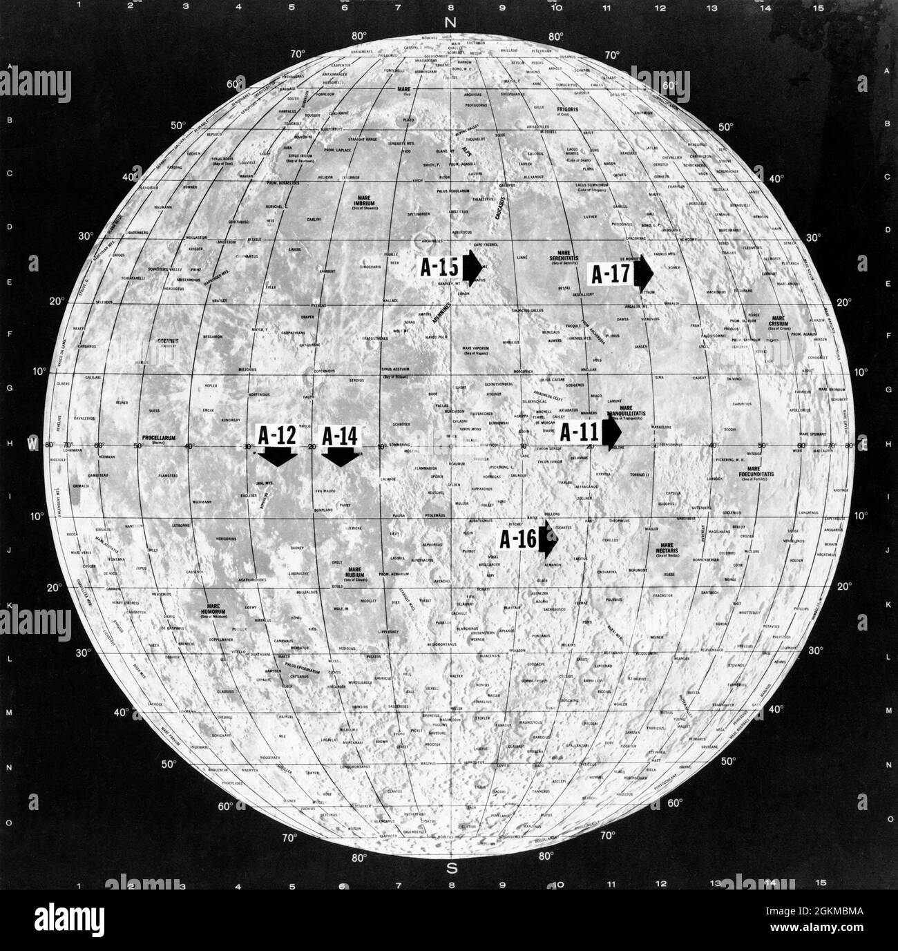 (March 1972) --- With four of the six planned lunar missions completed, this chart has been prepared to show the various areas of the lunar 'nearside' to be visited by astronauts representing the NASA Apollo program. Apollo's 11, 12, 14 and 15 are shown at their respective landing points. Apollo 16 and Apollo 17, planned for later this year at Descartes and Taurus Littrow, respectively, also are depicted on the map. Stock Photo