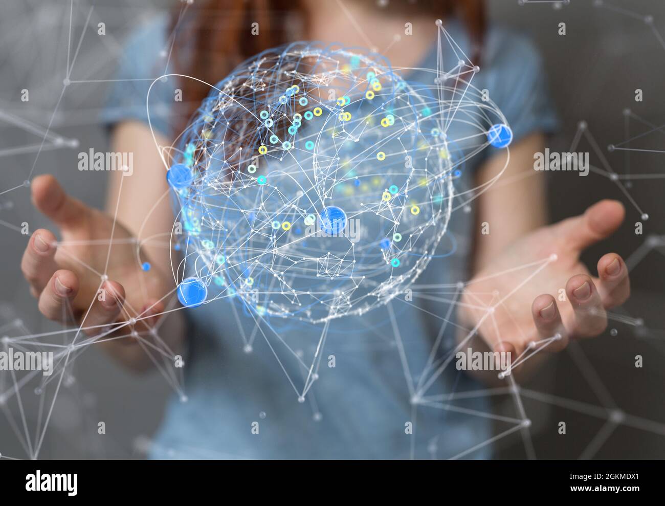 3d rendering of an abstract network connection of devices in woman ...