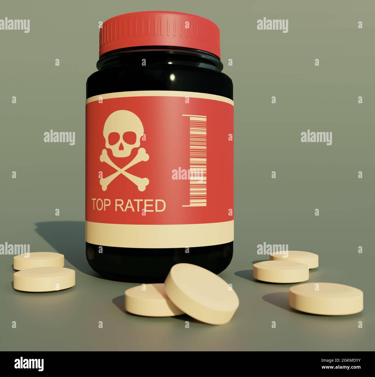 Toxic poison pills with bottle. 3D rendering illustration. Stock Photo
