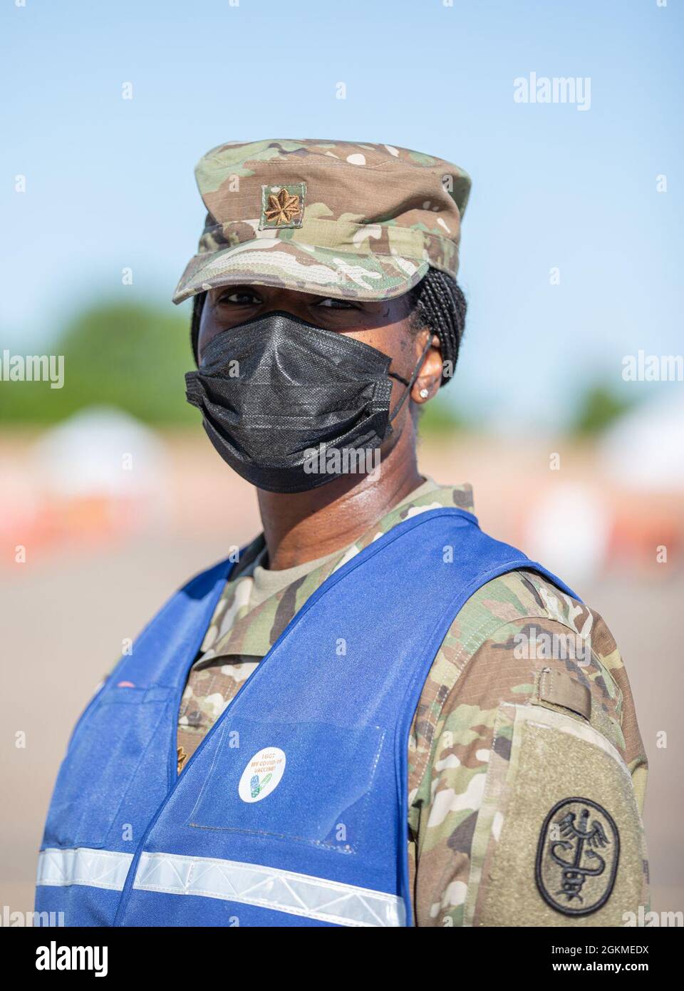U.S. Army Maj. Tonda Williams, a registered nurse assigned to Brooks Army Medical Center, stands for a portrait photo in Pueblo, Colorado, May 27, 2021. The Soldiers continue to vaccinate members of the Pueblo community and surrounding areas as part of the federal vaccination response mission. U.S. Northern Command, through U.S. Army North, remains committed to providing continued, flexible Department of Defense support to the Federal Emergency Management Agency as part of the whole-of-government response to COVID-19. Stock Photo