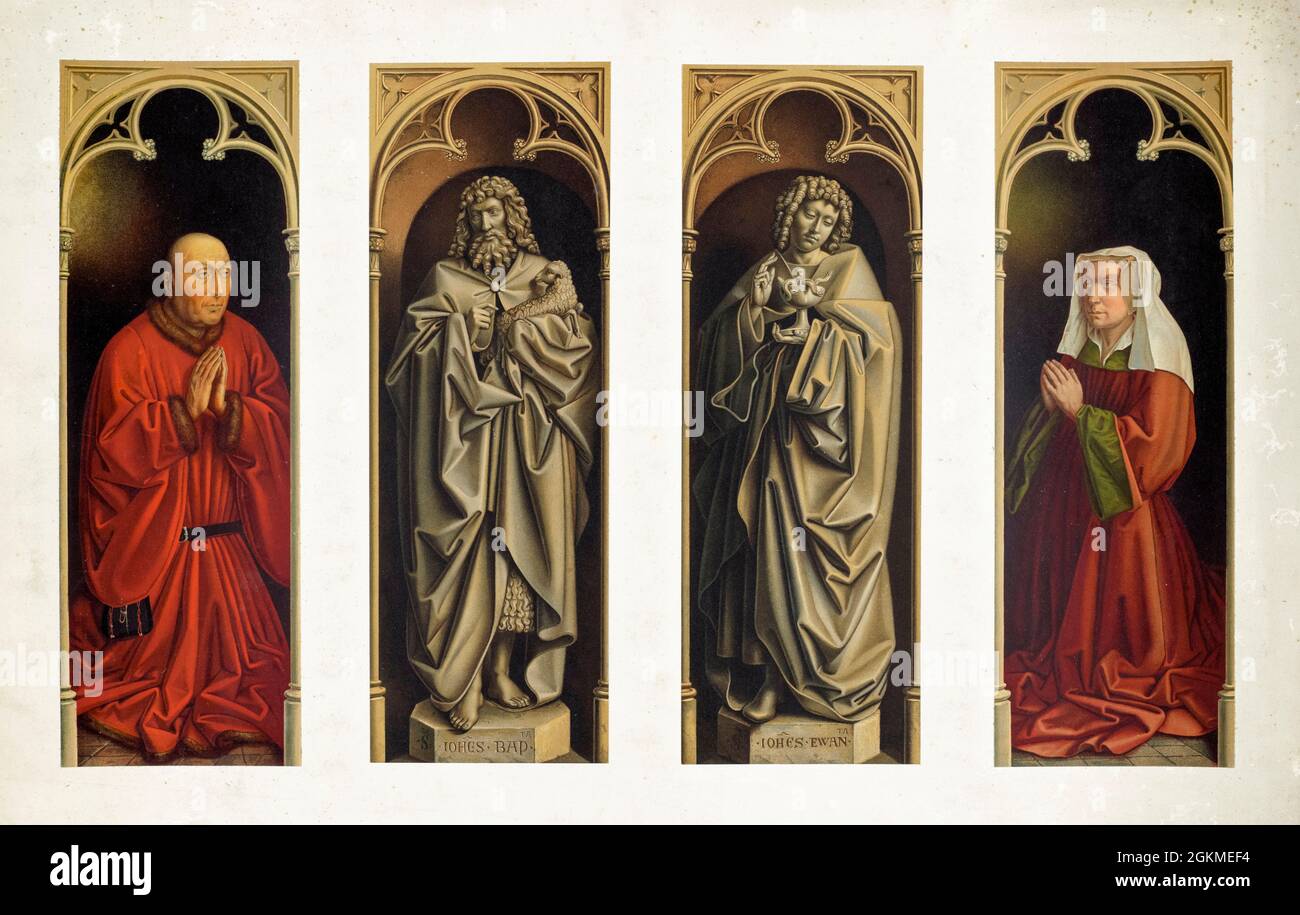 Arundel Society after Jan van Eyck & Hubert van Eyck, Judocus Vyts, Lord of Pomele and his wife Isabelle de Borlunt with their patron saints - print made 1869, original painting 15th Century Stock Photo