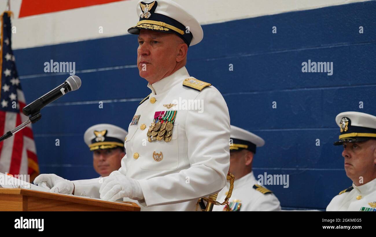 Capt. John Dewey relieved Capt. Michael Roschel as commanding officer of Coast Guard Base Portsmouth in a change of command ceremony at Base Portsmouth on Wednesday, May 26, 2021, that was presided over by the Director of Operational Logistics Rear Adm. Melvin Bouboulis. Stock Photo