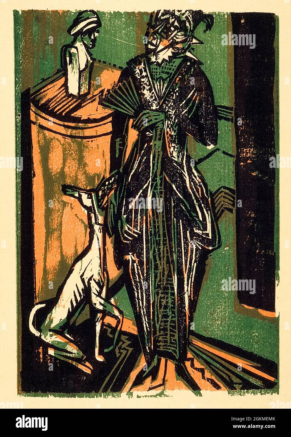 Lady with dog (Dame mit Hund), woodcut print by Ernst Ludwig Kirchner, 1916 Stock Photo
