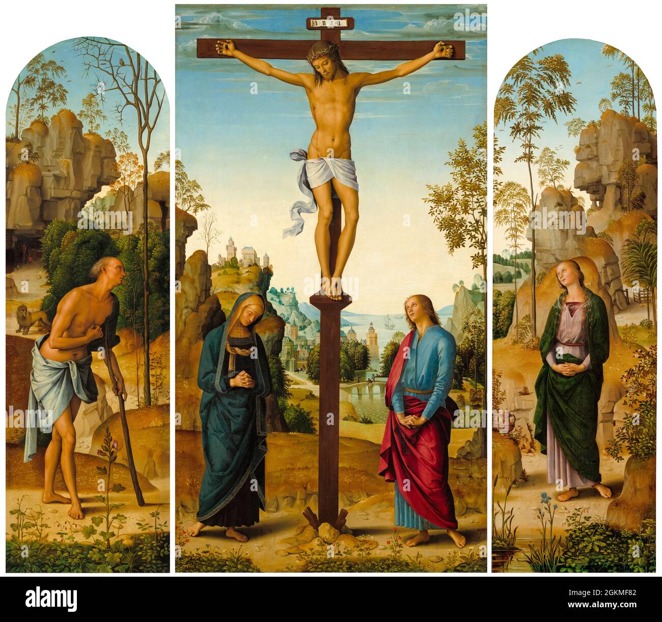 Perugino painting, The Crucifixion with the Virgin, Saint John, Saint Jerome and Saint Mary Magdalene, 1482-1485 Stock Photo