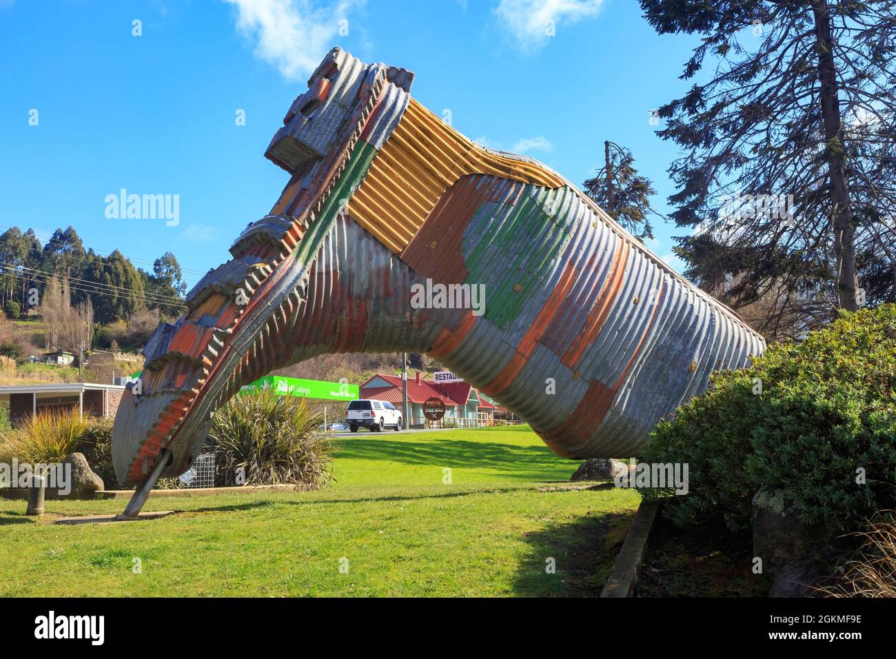 A giant corrugated iron gumboot sculpture outside Taihape, New Zealand