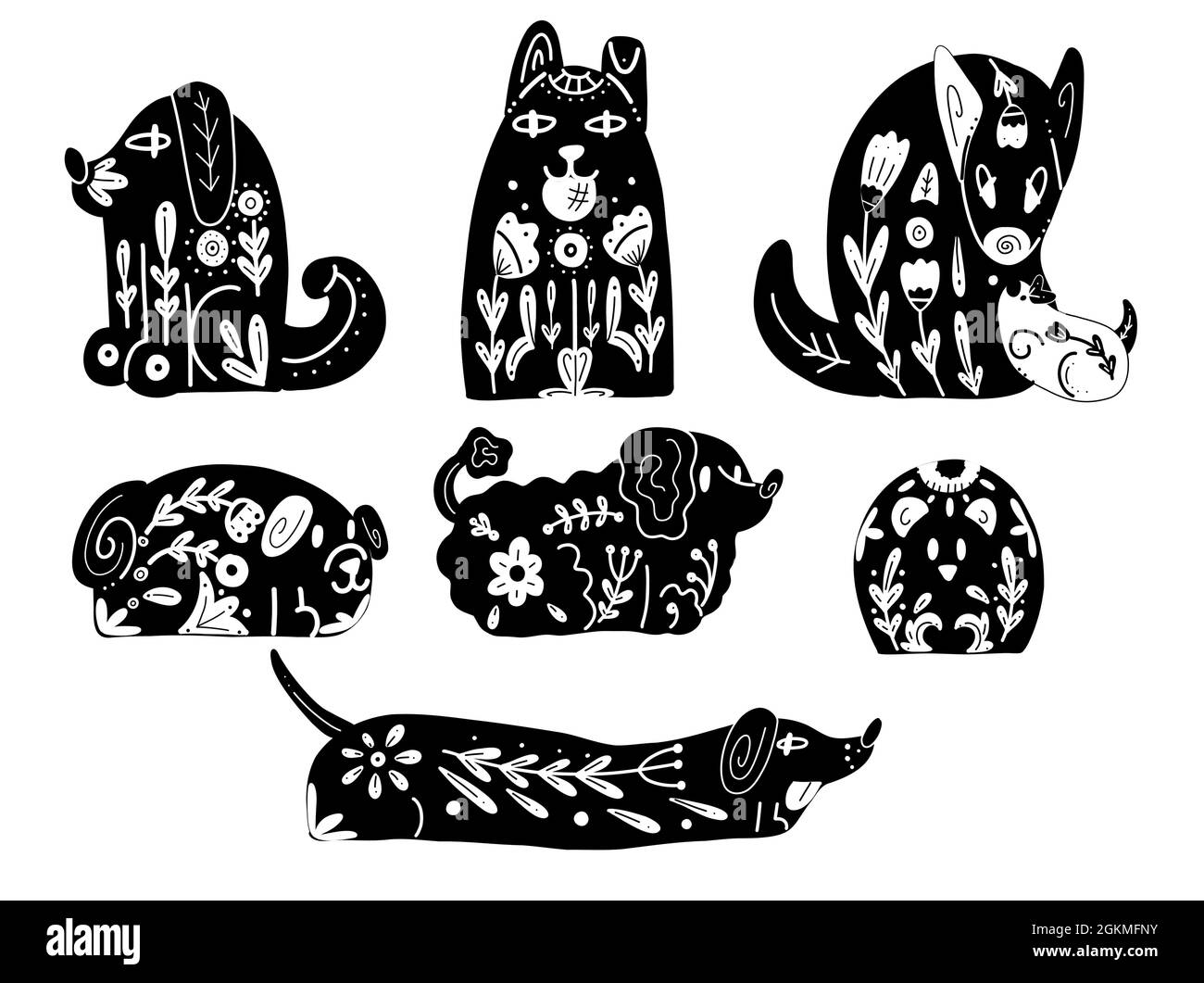 Set of black silhouettes of stylized dogs with folk patterns and natural decorations. Vector black prints of various puppys with a tribal boho pattern Stock Vector