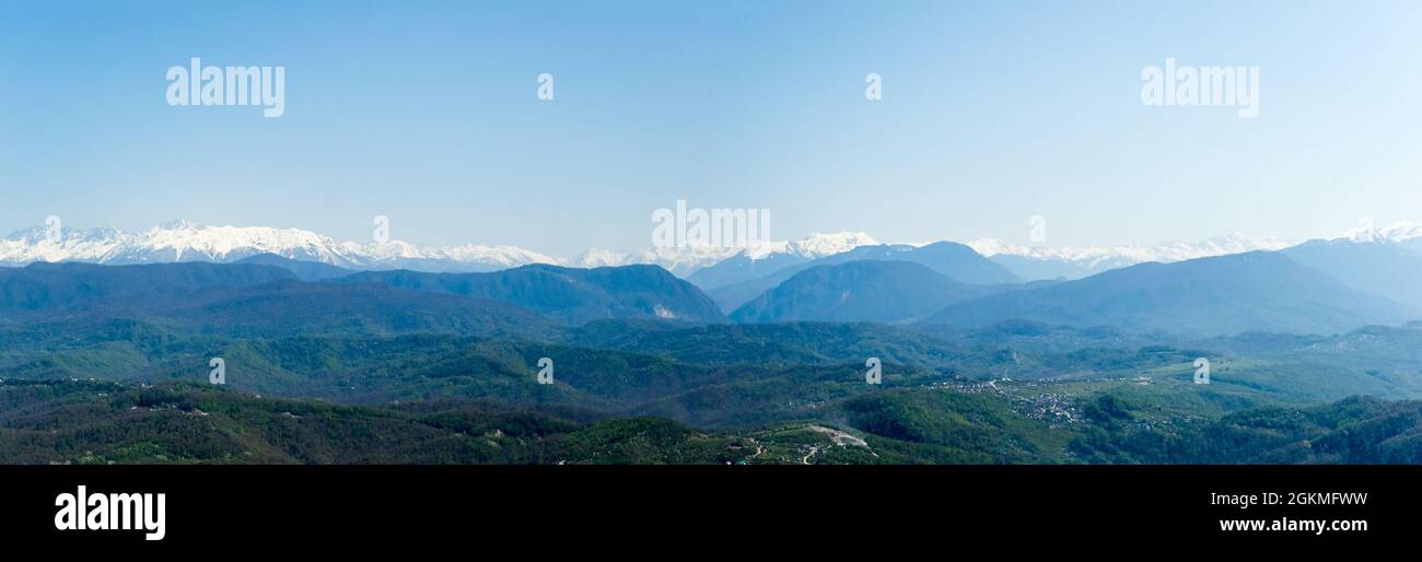 View from the lookout tower on mount Akhun of the Caucasus mountains, Adler district, Krasnodar region, Sochi, Russia. Stock Photo
