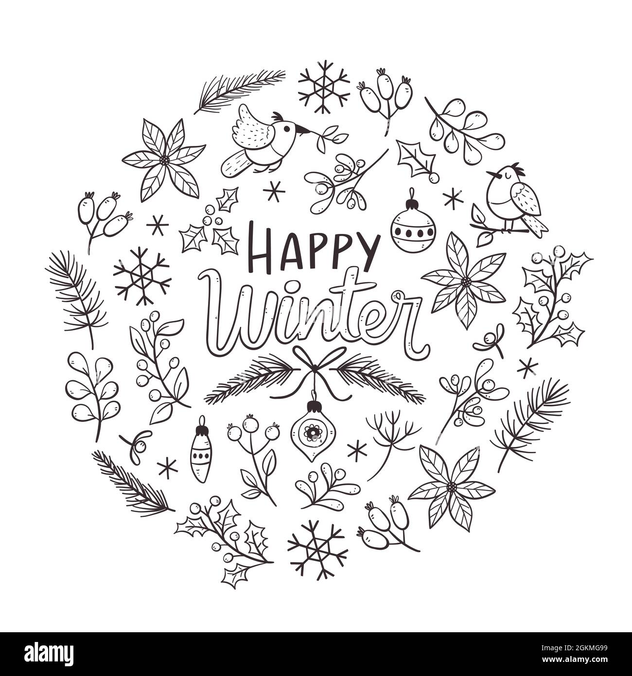 Hand drawn winter card with winter flowers, branches and christmas decoration. Doodle vector illustration with isolated elements. Stock Vector