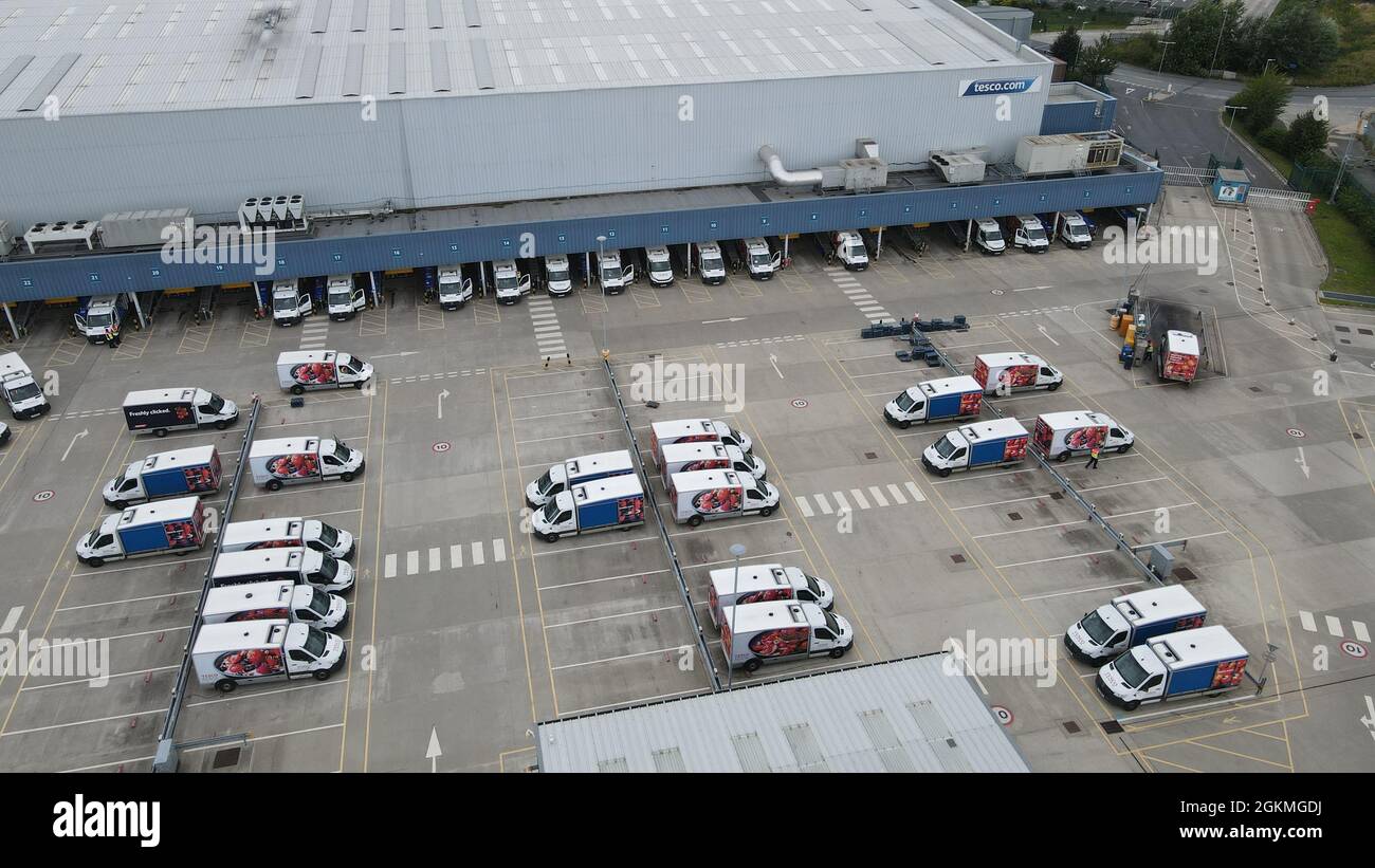 Tescos Distribution Centre Erith Kent aerial shot vans loading 2021 Stock Photo