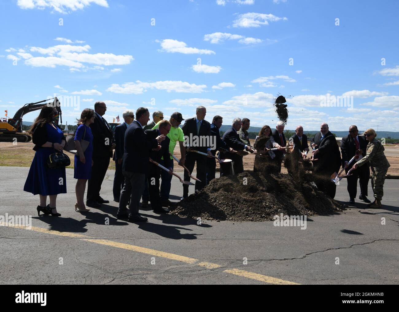 The 104th Fighter Wing and the Westfield-Barnes Regional Airport hosted a groundbreaking ceremony on May 27, 2021 for the expansion of Taxiway Sierra.  The expansion of Taxiway Sierra will increase the number of aircraft the airport can host at one time and facilitate faster and safer aircraft movement. Distinguished visitors and speakers at the event included; Governor Charlie Baker, Lt. Governor Karyn Polito, and Housing and Economic Development Secretary Mike Kennealy joined Congressman Richard Neal, the Adjutant General of the Massachusetts National Guard Maj. Gen. Gary Keefe, the 104FW Vi Stock Photo