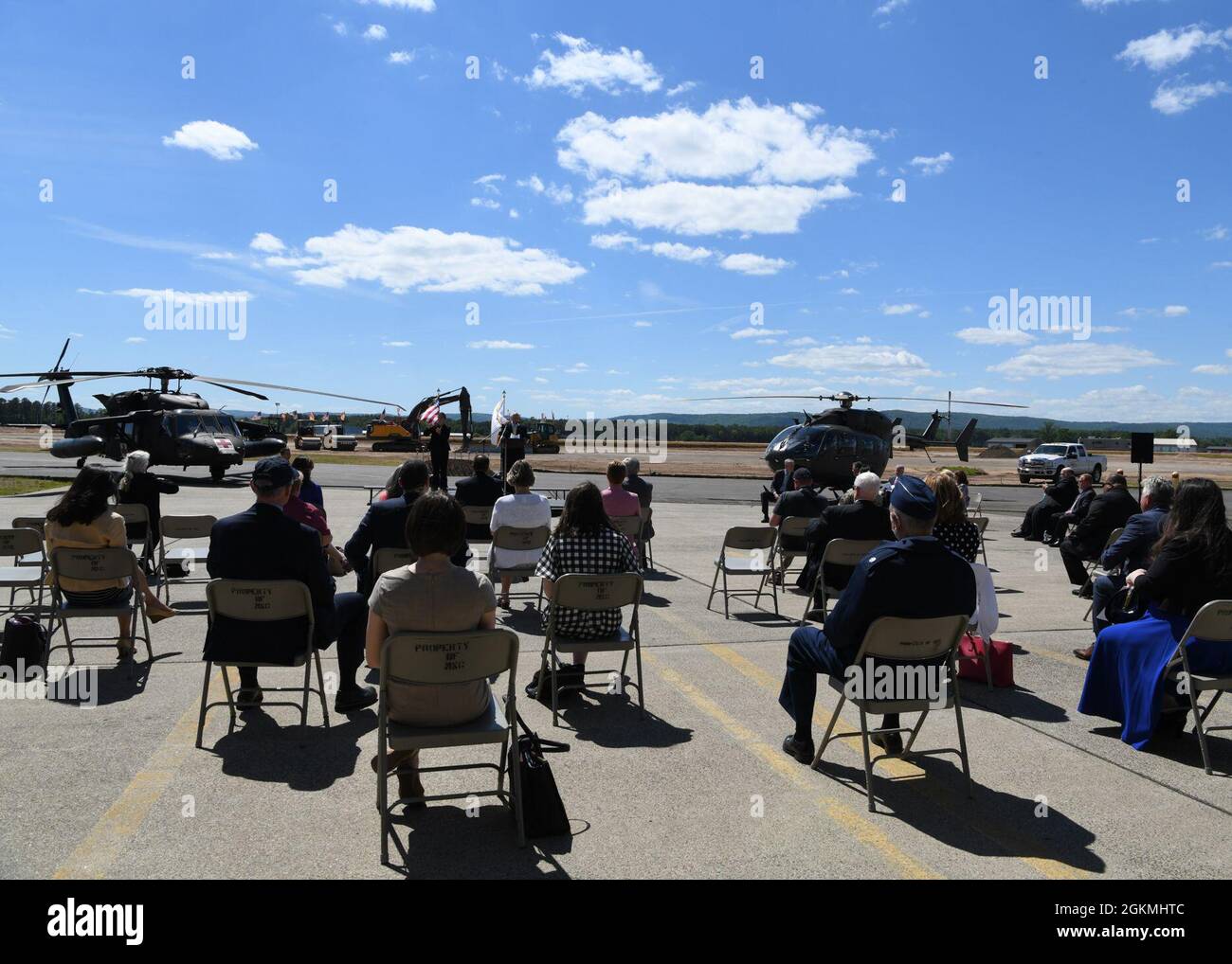 The 104th Fighter Wing and the Westfield-Barnes Regional Airport hosted a groundbreaking ceremony on May 27, 2021 for the expansion of Taxiway Sierra.  The expansion of Taxiway Sierra will increase the number of aircraft the airport can host at one time and facilitate faster and safer aircraft movement. Distinguished visitors and speakers at the event included; Governor Charlie Baker, Lt. Governor Karyn Polito, and Housing and Economic Development Secretary Mike Kennealy joined Congressman Richard Neal, the Adjutant General of the Massachusetts National Guard Maj. Gen. Gary Keefe, the 104FW Vi Stock Photo