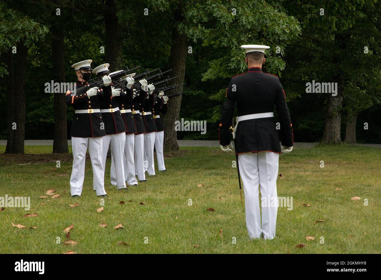 U.S. Marines with the U.S. Marine Corps Ceremonial Platoon render the