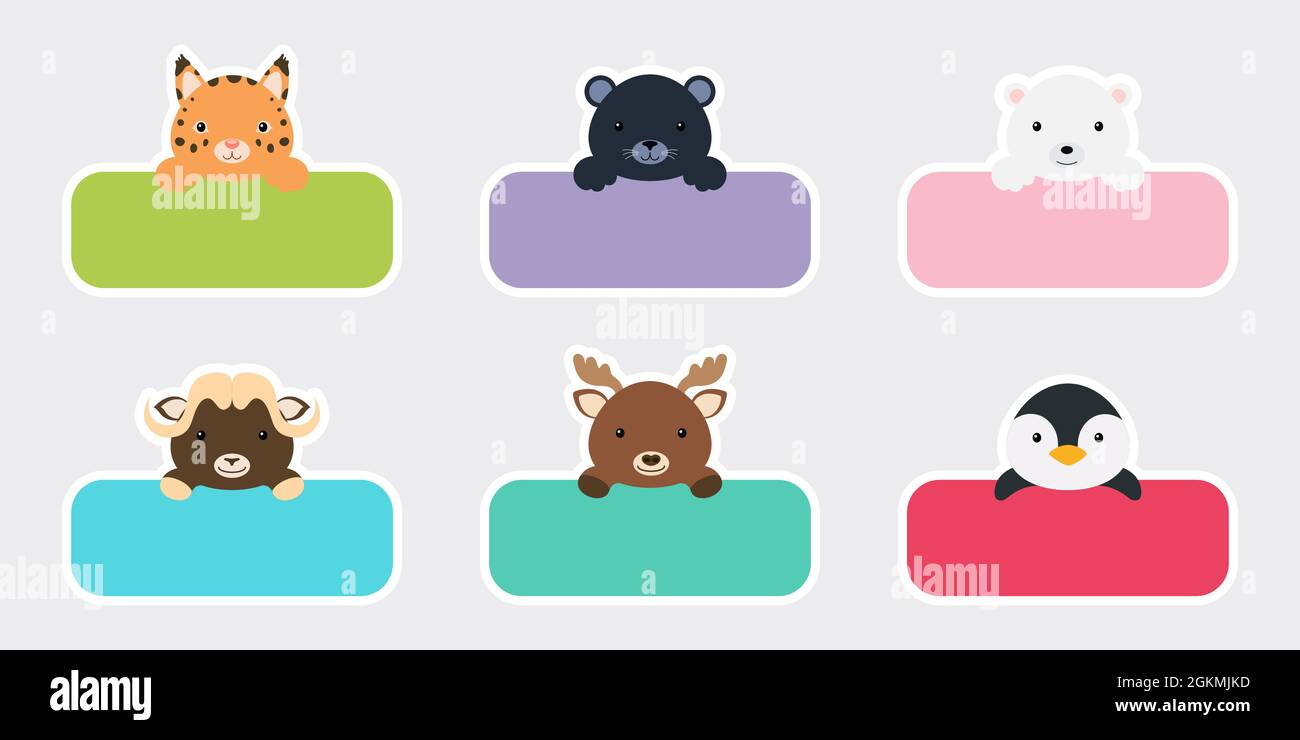 Sticky labels set for baby name. Cute cartoon animals shaped notepads