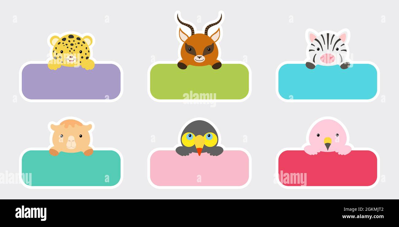 Sticky labels set for baby name. Cute cartoon animals shaped notepads