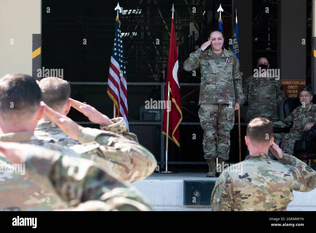 Maj. Lisa DeWalt, outgoing 39th Logistics Readiness Squadron commander, renders her final salute during a change of command ceremony at Incirlik Air Base, Turkey, May 27, 2021. The change of command ceremony is a long-standing military tradition that represents the formal transfer of responsibility from one officer to another. Stock Photo