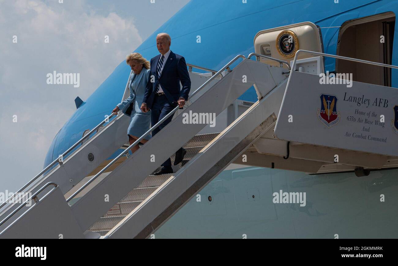 President Joe Biden and first lady Jill Biden arrive at Joint Base Langley-Eustis, Virginia, May 28, 2021, where they spoke on the importance of military sacrifice and thanked the members for their continued dedication to defending the nation. Stock Photo