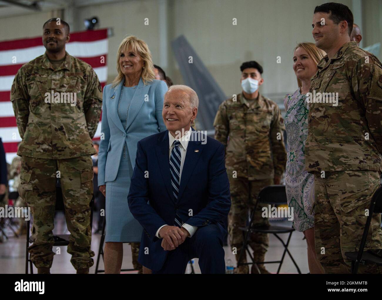 President Joe Biden and first lady Jill Biden interact with service members at Joint Base Langley-Eustis, Virginia, May 28, 2021. Biden spoke on the importance of military sacrifice and thanked the members for their continued dedication to defending the nation. Stock Photo