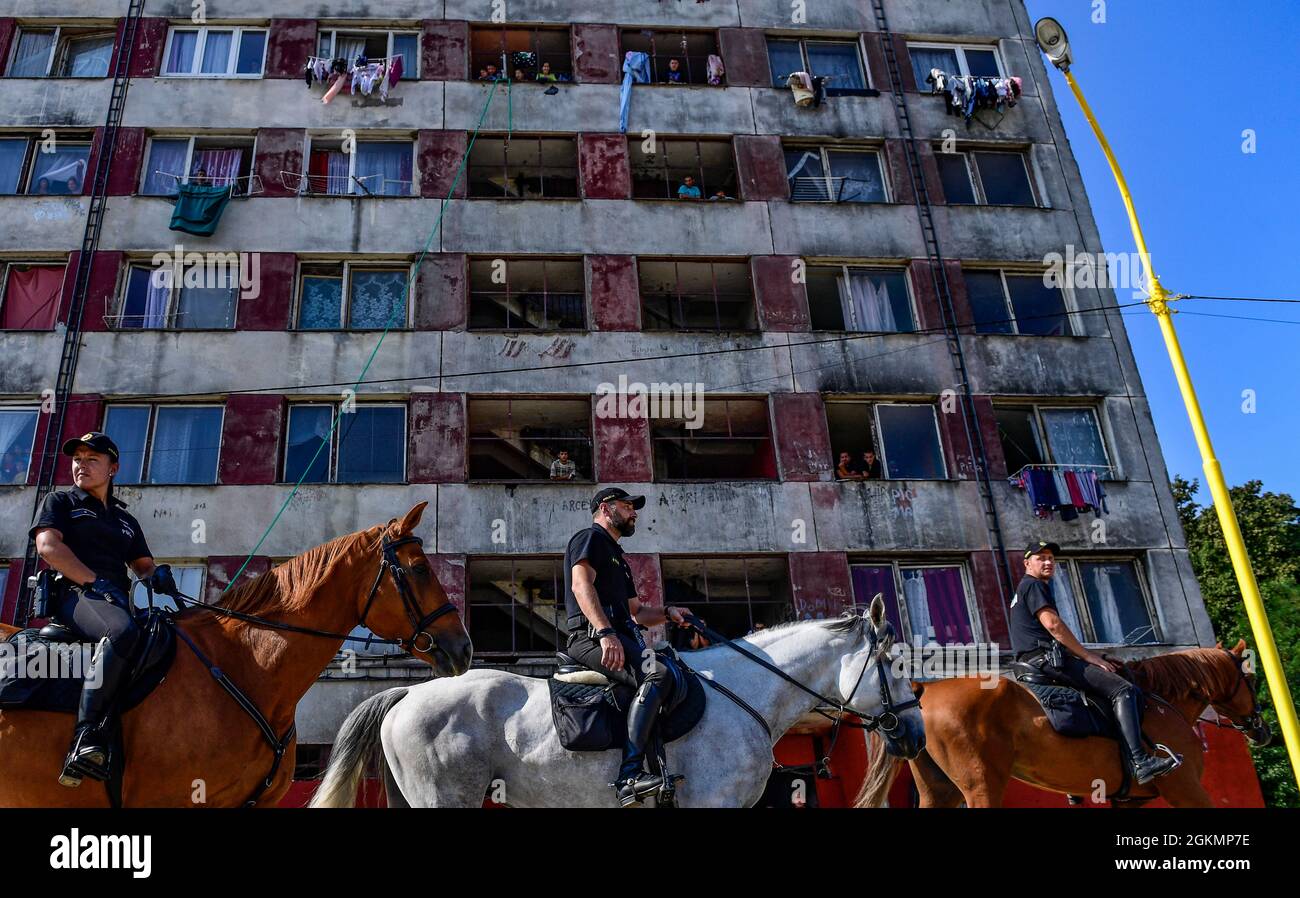 Kosice, Slovakia. 14th Sep, 2021. Mounted Police Officers patrol at biggest Slovak Roma housing estate Lunik IX in Kosice before Pope Francis arrival to meet members of the Roma community, Slovakia, September 14, 2021, during his four-day visit to Slovakia, which started on Sunday. Credit: Roman Vondrous/CTK Photo/Alamy Live News Stock Photo