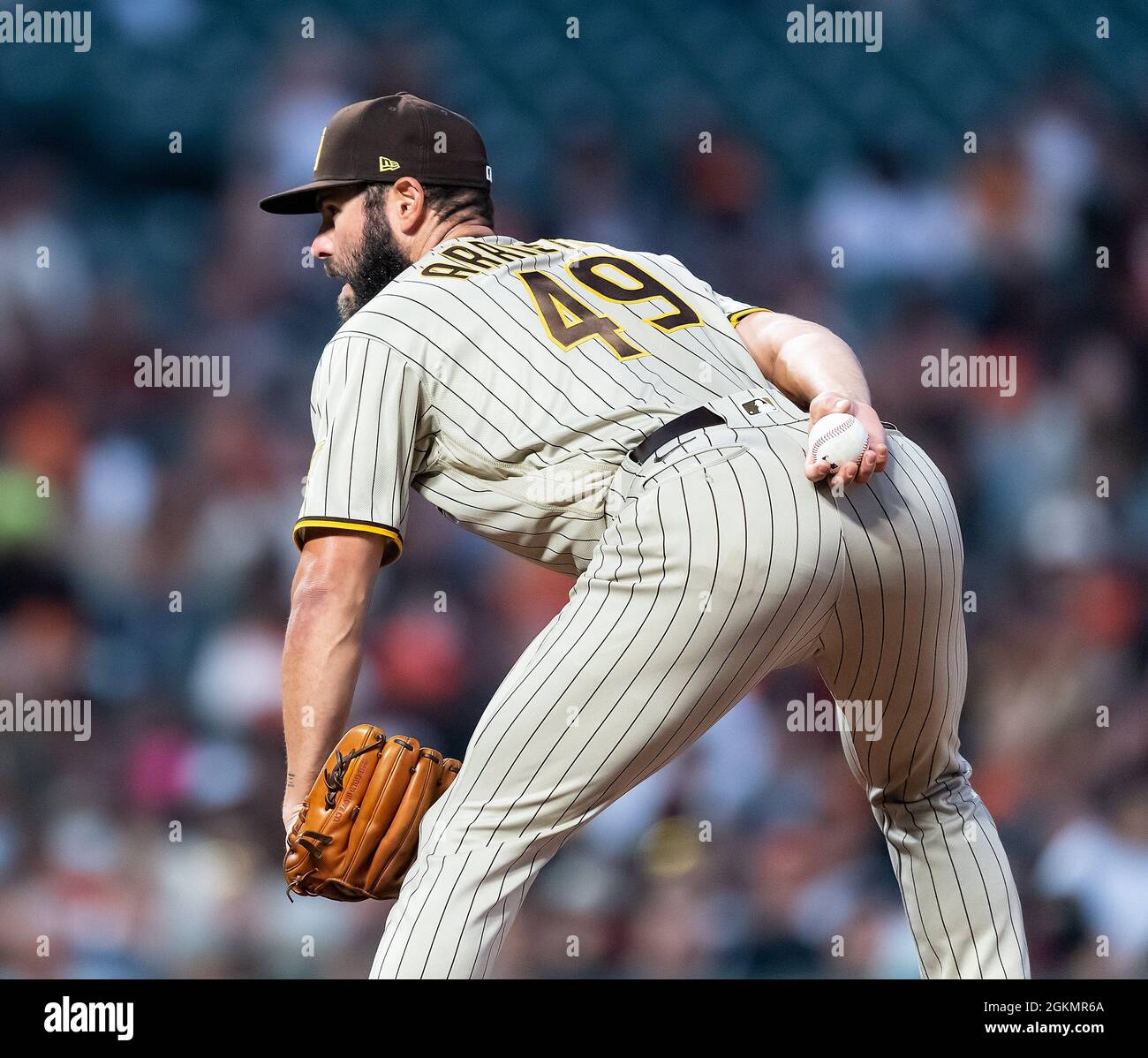 San Francisco, California, USA. 14th Sep, 2021. San Diego Padres starting  pitcher Jake Arrieta (49) waits for a signal from the catcher in the second  inning, during a MLB game between the