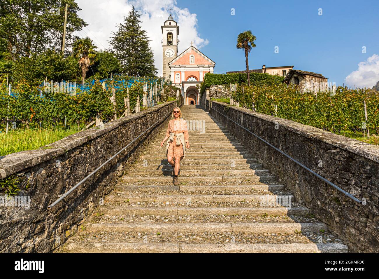 Long staircase leads up to the church Chiesa di San Maurizio at Circolo della Maggia, Switzerland Stock Photo