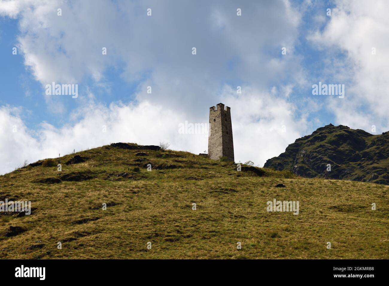 Medieval watchtower nearby necropolis in Tsoy-Pede (Choi-pede), abandoned ancient city-burial. Dead city. Chechen Republic. Itum-Kale district. The Ar Stock Photo
