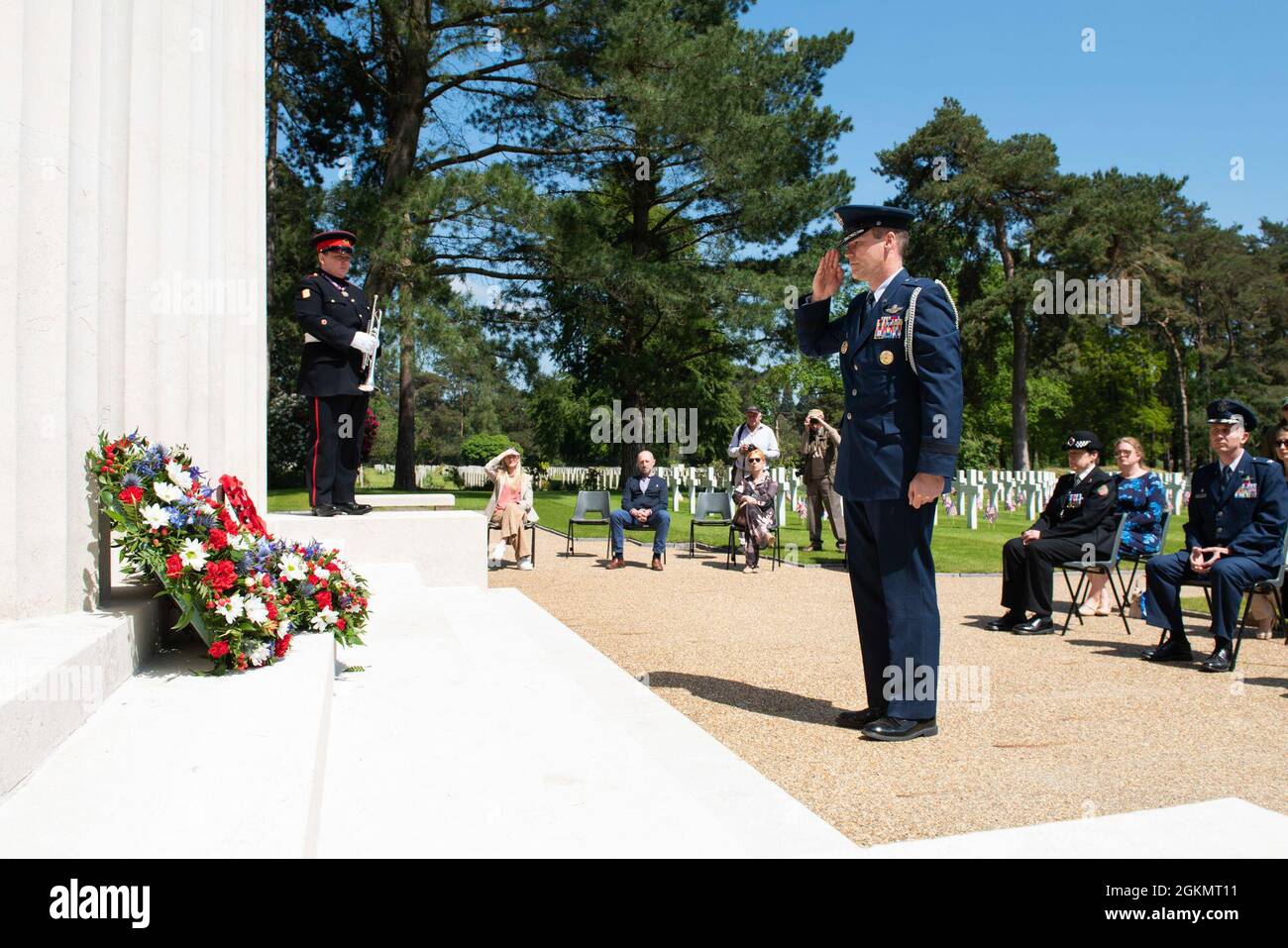 U.S. Air Force Brig. Gen. Jefferson J. O'Donnell, U.S. European Command senior defense official and defense attaché, salutes at a 2021 Memorial Day ceremony at the Brookwood American Military Cemetery, England, May 30, 2021. Memorial Day is one of our Nation's most solemn occasions. It serves as a chance to pause, reflect, and honor the women and men who gave the last full measure defending our Nation and our democratic ideals. Stock Photo