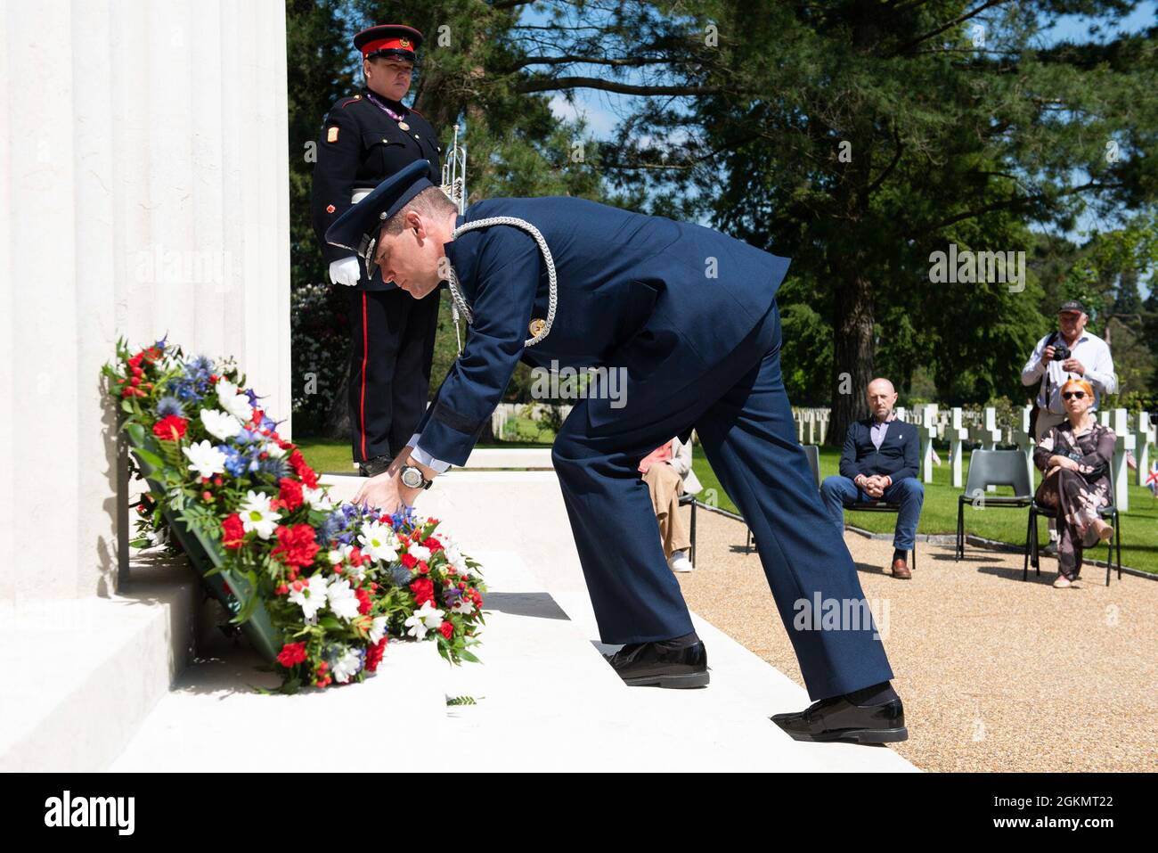 U.S. Air Force Brig. Gen. Jefferson J. O'Donnell, U.S. European Command senior defense official and defense attaché, lays a memorial wreath at a 2021 Memorial Day ceremony at the Brookwood American Military Cemetery, England, May 30, 2021. Memorial Day is one of our Nation's most solemn occasions. It serves as a chance to pause, reflect, and honor the women and men who gave the last full measure defending our Nation and our democratic ideals. Stock Photo