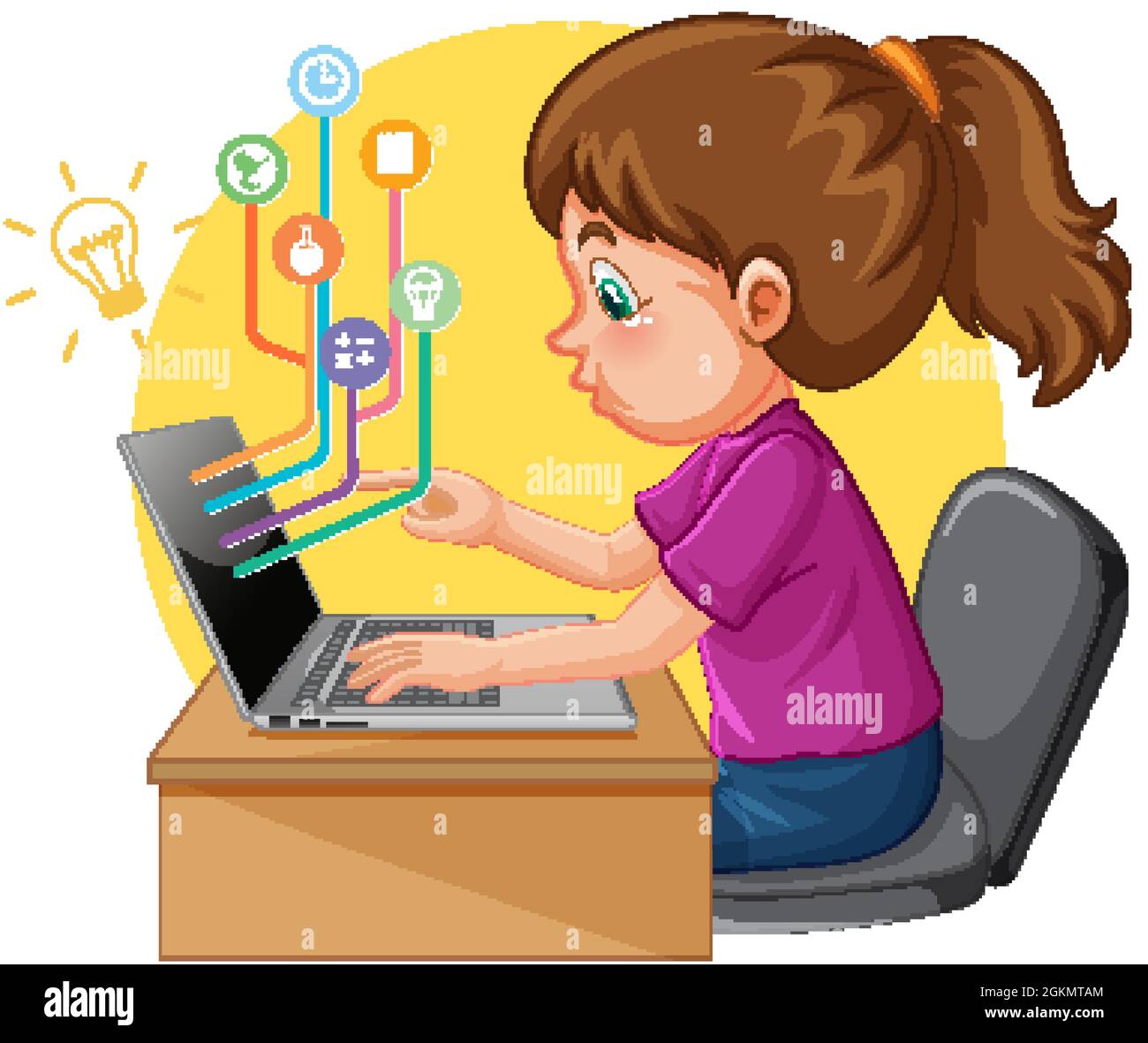 A girl using laptop computer for distance learning online illustration Stock Vector