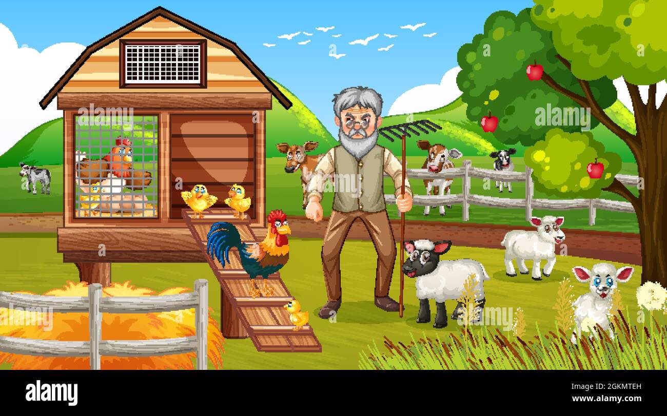 Farm at daytime scene with old farmer man and farm animals illustration ...