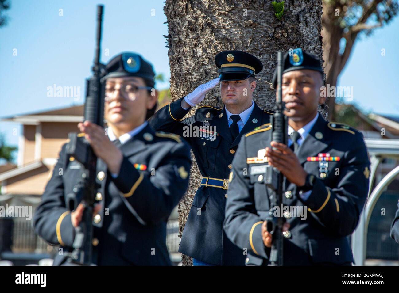 Soldiers assigned to 25th Infantry Division and U.S. Army Hawaii salutes the rising flag during the Memorial Day Ceremony on Schofield Barracks, Hawaii, May 31, 2021. Memorial Day was officially proclaimed on May 5, 1868, by General John Logan, national commander of the Grand Army of the Republic, as a day of remembrance for America's service members who fought and gave their lives for the United States of America. Stock Photo