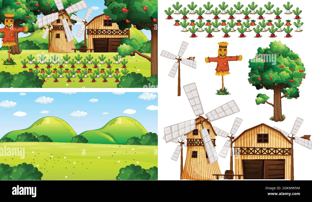 Farm element set isolated with farm scence illustration Stock Vector ...