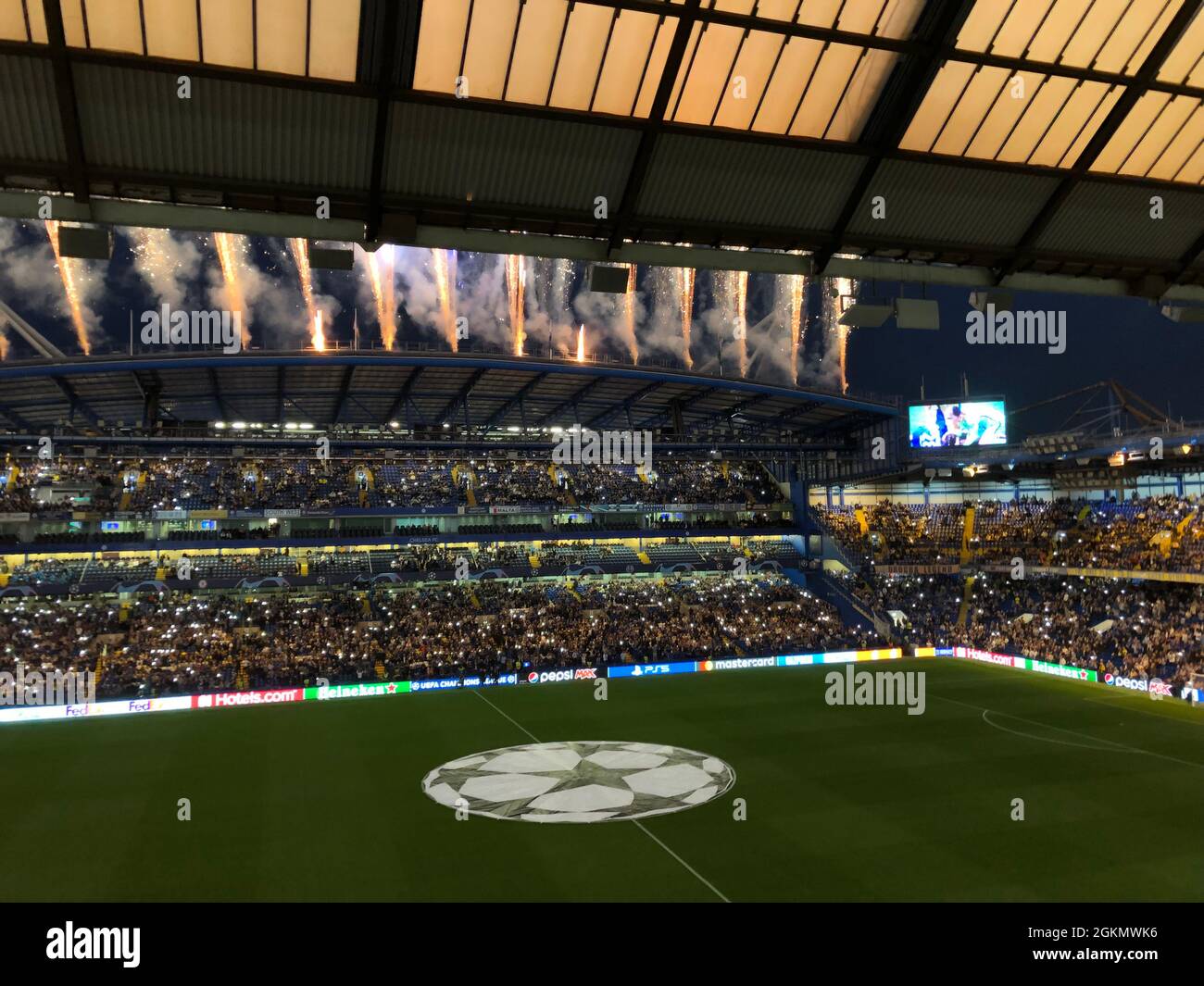 Fulham, UK. 14th Sep, 2021. Stanford Bridge, London, 14th September, 2021 Fireworks set the scene at Chelsea Football Club on the occasion of their first game in defence of their Champions League win earlier in the year. Credit: Motofoto/Alamy Live News Stock Photo