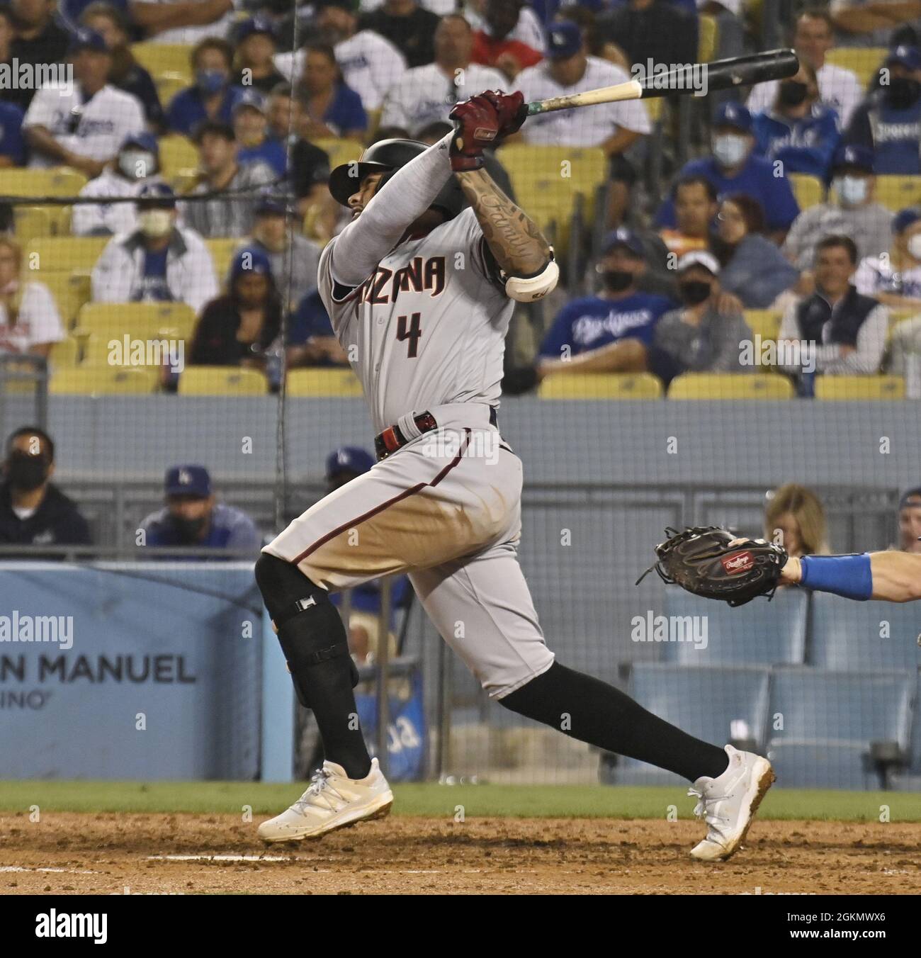 Los Angeles, United States. 15th Sep, 2021. Arizona Diamondbacks' Ketel Marte hits a three-run home run in the seventh off Los Angeles Dodgers' reliever Justin Bruihi at Dodger Stadium in Los Angeles on Tuesday, September 14, 2021. Marte's 12th home run of the season was the first home run Bruihl has given up at the major-league level. Photo by Jim Ruymen/UPI Credit: UPI/Alamy Live News Stock Photo