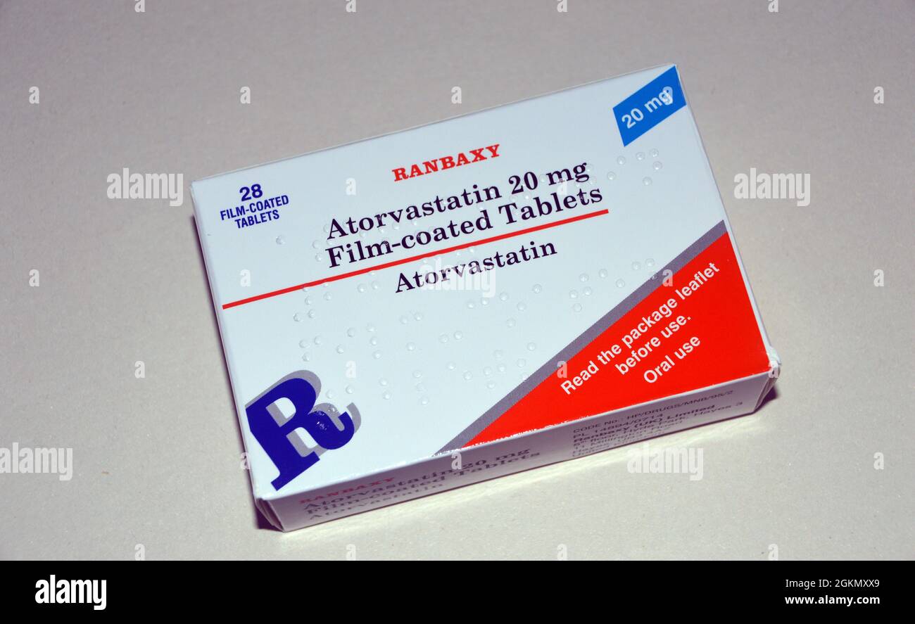 A Box of 28, 20mg Film Coated Atorvastatin (Lipitor) 'Statin' Tablets made  by Banbaxy Prescribed for Reducing Cholesterol, England, UK Stock Photo -  Alamy