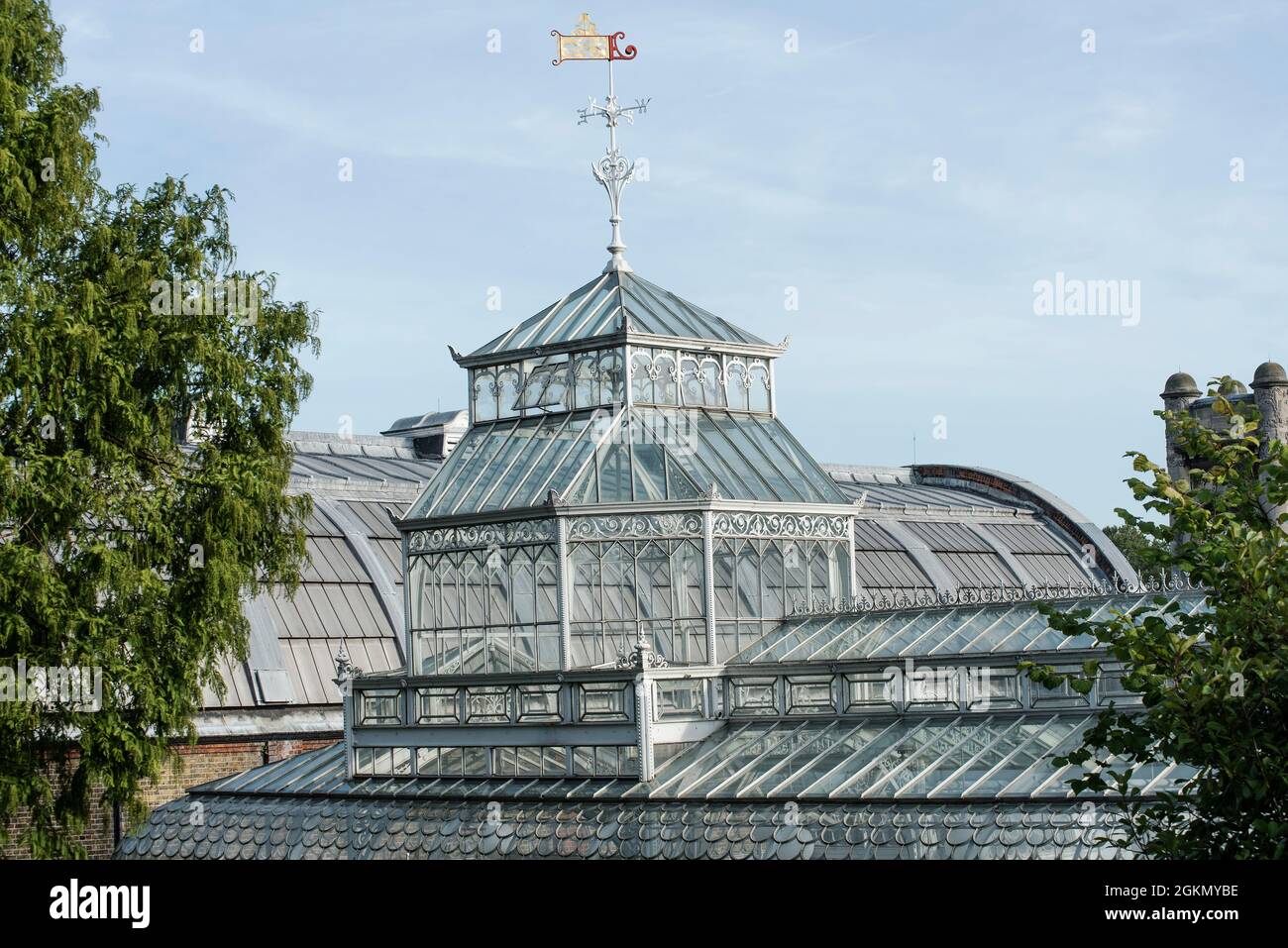 Detail of an ornate Victorian cast iron conservatory / greenhouse painted white. Stock Photo