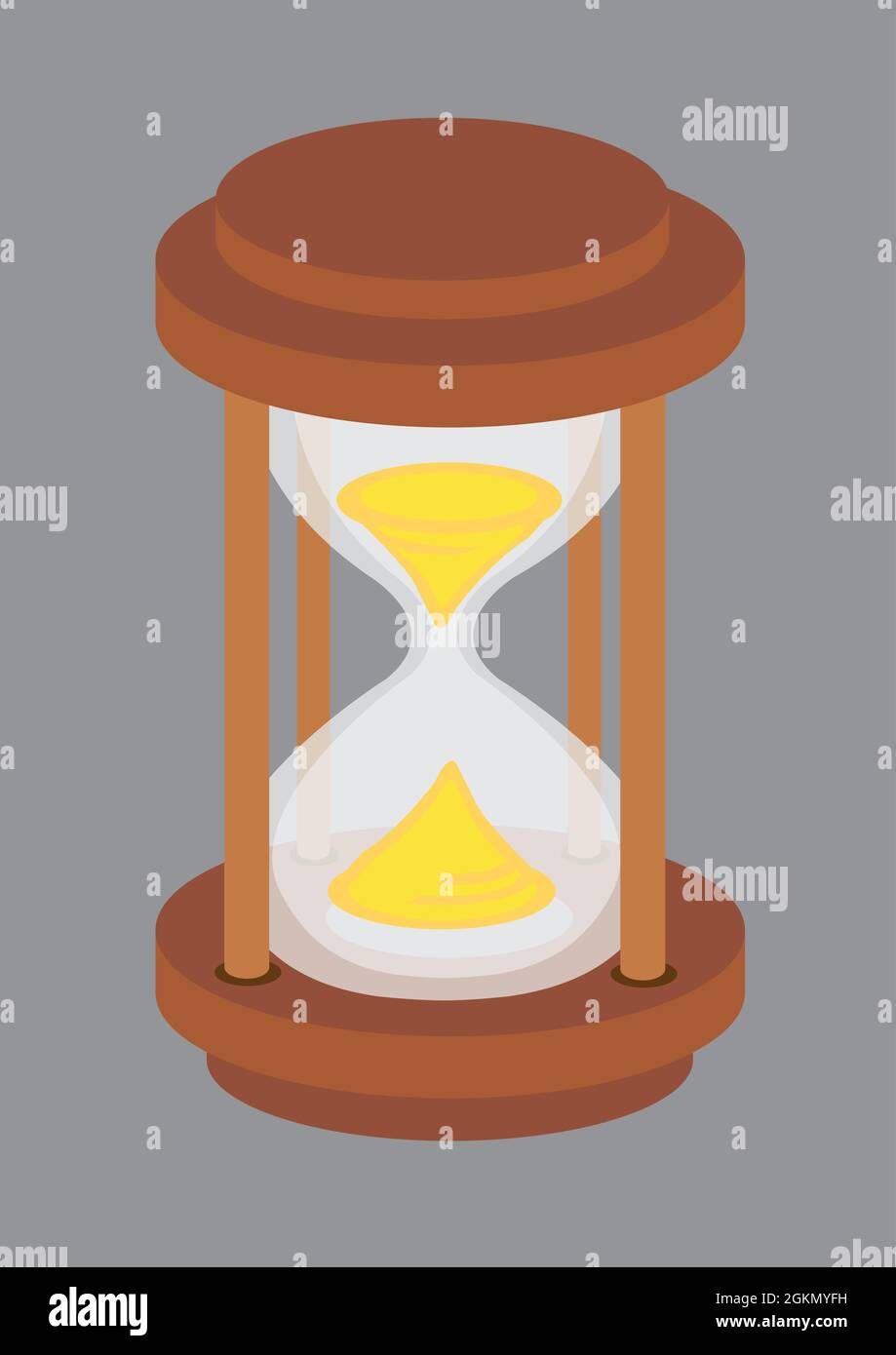Vector illustration of an old-fashioned wooden hourglass with golden sand viewed from high angle isolated on grey background. Stock Vector