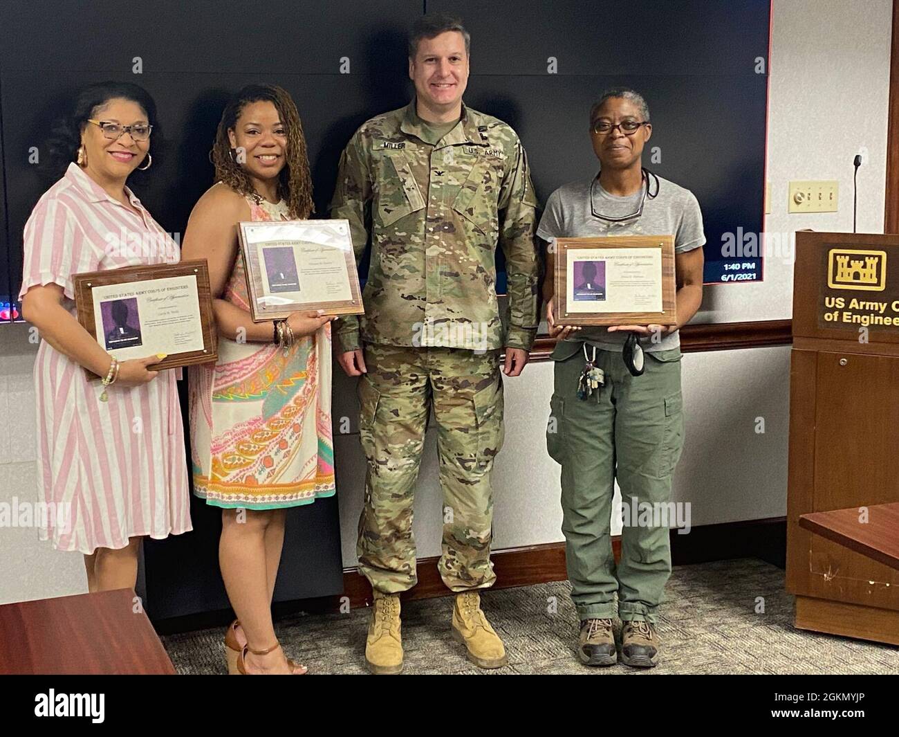 Memphis District Commander Col. Zachary Miller recognizes three district employees, Jun. 1, 2021, for their efforts planning, coordinating, and facilitating the district’s comprehensive Women’s History Month Roundtable Discussion. Pictured left to right are Carla R. Wells, TiJuana Harris, Col. Zachary Miller, and Erica D. Thomas. Also contributing to the event but not pictured are Suzy G. Weil, Kandi H. Waller, Courtney A. Emmerich, and Angela Freyermuth. Stock Photo