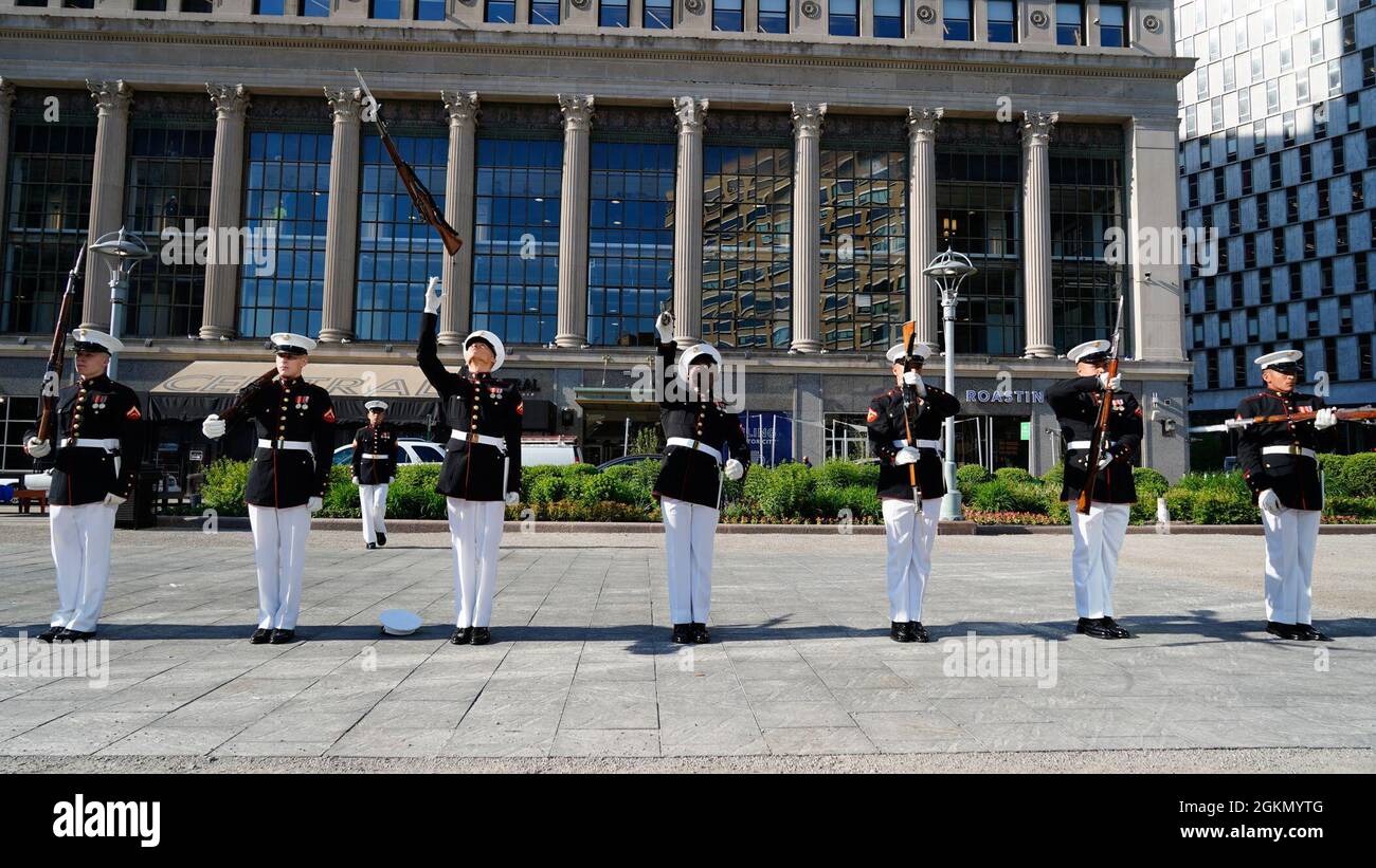 The U.S. Marine Corps Silent Drill Platoon performed at three venues in the Michigan area in support of Recruiting Station (RS) Cleveland and RS Lansing, June 1, 2021. After each performance they conducted a meet and greet with the audiences, poolees and recruiters. Stock Photo