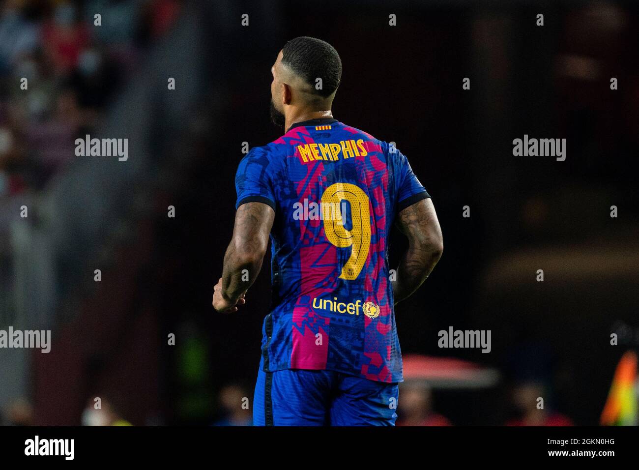 SPAIN, SOCCER, CHAMPIONS LEAGUE, FC BARCELONA VS FC BAYERN MUNICH.  FC Bayrcelona (9) Memphis Depay during Champions League group phase match between FC Barcelona and  FC Bayern Munich in Camp Nou, Barcelona, Spain, on September 14, 2021.  © Joan Gosa 2021 Stock Photo